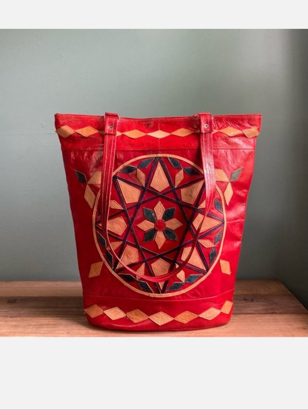Vintage Tribal Red Leather Tote Bag with Geometric Inlay